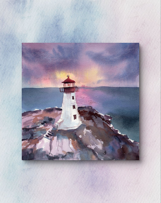 Sunrise Lighthouse Haven | Original Watercolor Painting 36 x 26