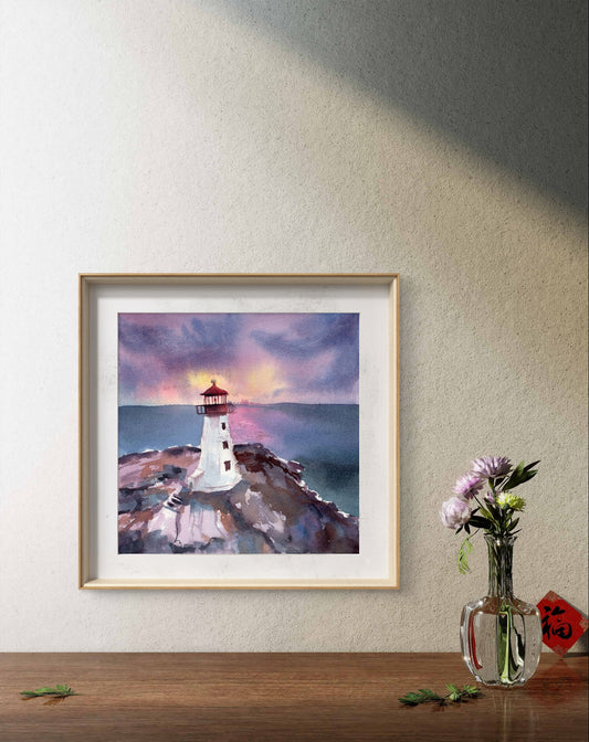 Sunrise Lighthouse Haven | Original Watercolor Painting 36 x 26